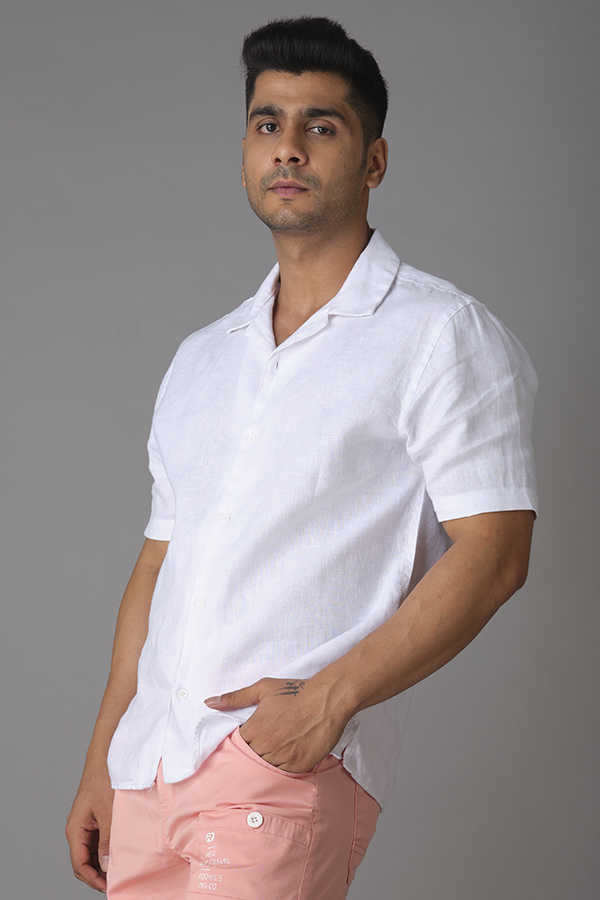 WHITE HALF SLEEVE LINEN SHIRT (TONY H/SLV FIT)