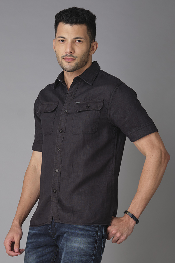 BLACK HALF SLEEVE LINEN SHIRT (TONY H/SLV FIT)