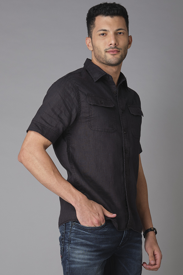 BLACK HALF SLEEVE LINEN SHIRT (TONY H/SLV FIT)