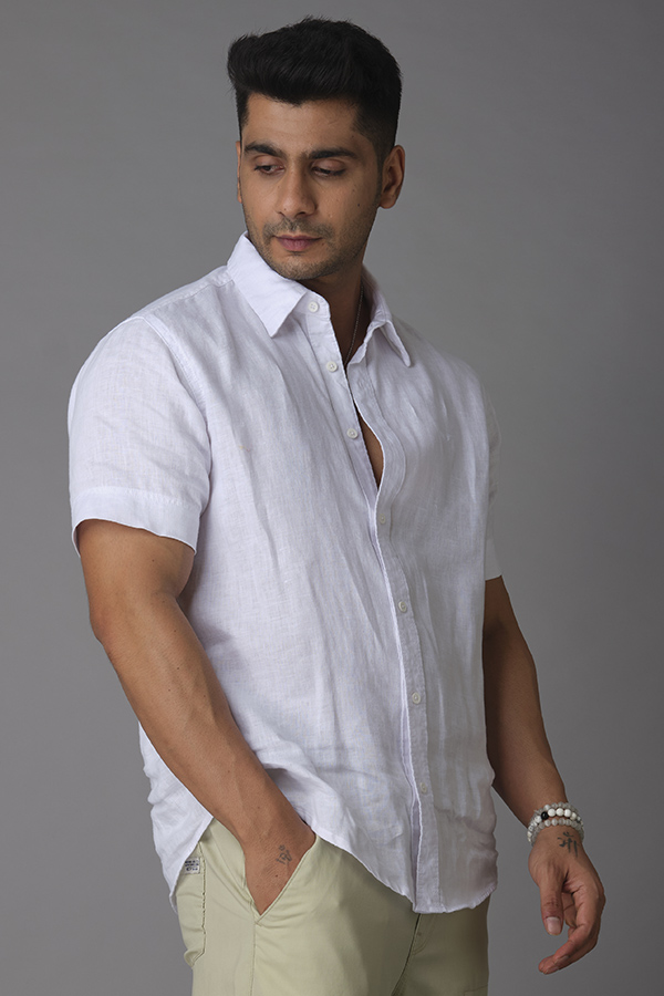 WHITE HALF SLEEVE LINEN SHIRT (ZACK H/SLV FIT)