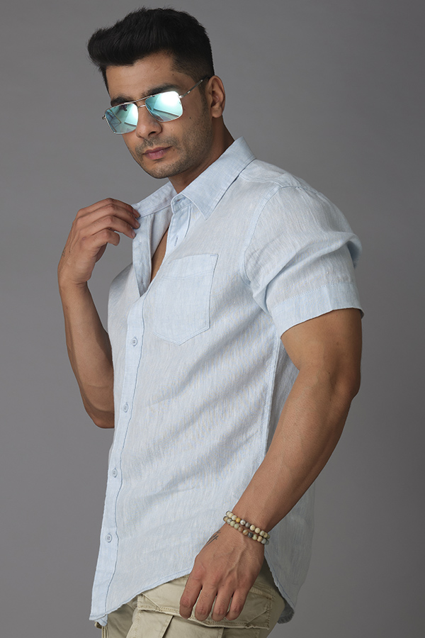 LT BLUE HALF SLEEVE LINEN SHIRT (ZACK H/SLV FIT)