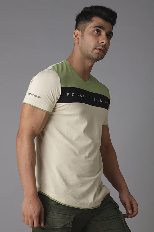 BEIGE BLACK HALF SLEEVE V NECK TEE (V NECK H/SLV SLIM)