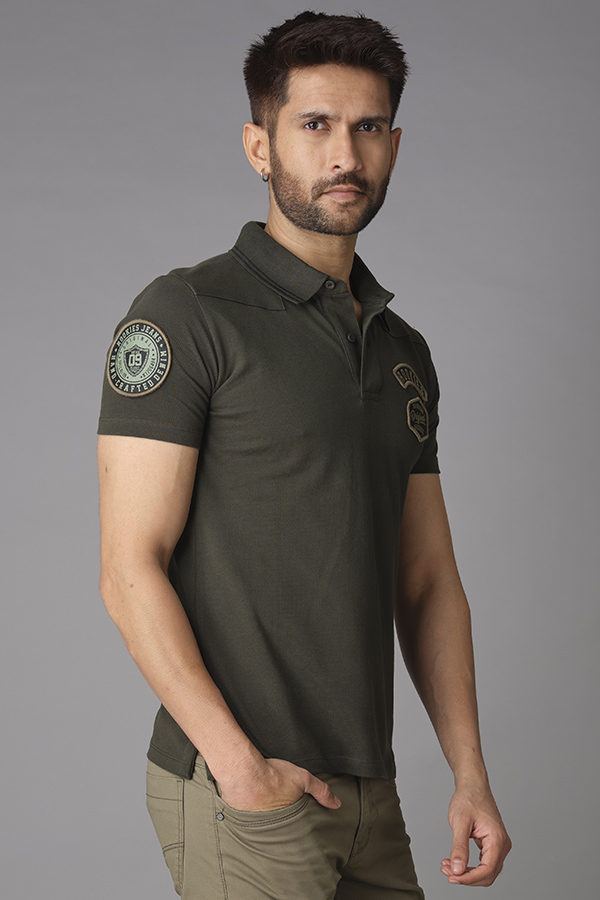 MILITARY GREEN HALF SLEEVE PIOUE POLO TEE (POLO NECK H/SLV SLIM)