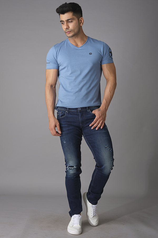 PETROL BLUE HALF SLEEVE V NECK TEE (V NECK H/SLV SLIM)