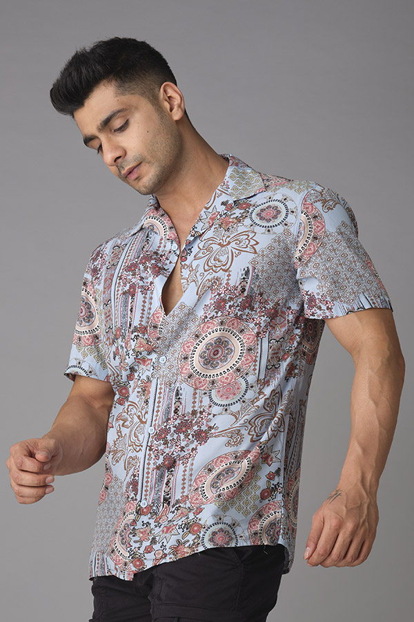 SKY BLUE HALF SLEEVE PRINTED SHIRT (DECAPARIO H/SLV FIT)