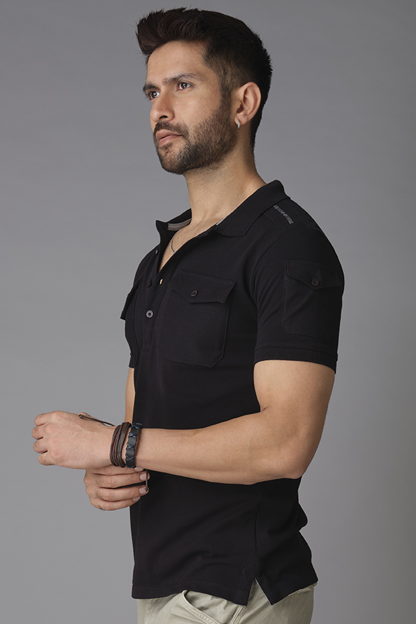 BLACK HALF SLEEVE PIOUE POLO TEE (POLO NECK H/SLV SLIM)