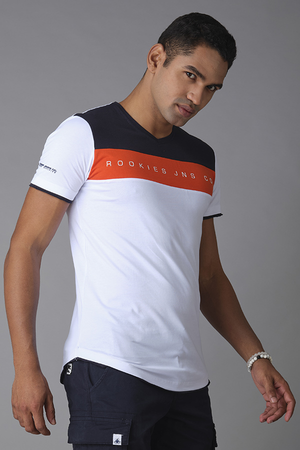 WHITE ORANGE HALF SLEEVE V NECK TEE (V NECK H/SLV SLIM)