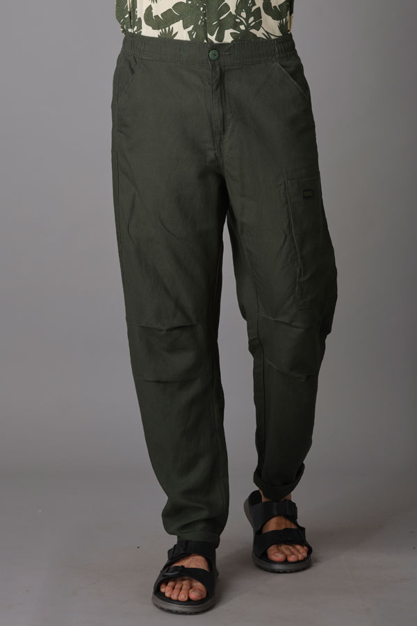 BOTTLE GREEN LINEN CARGO PANT (RELAXED FIT)