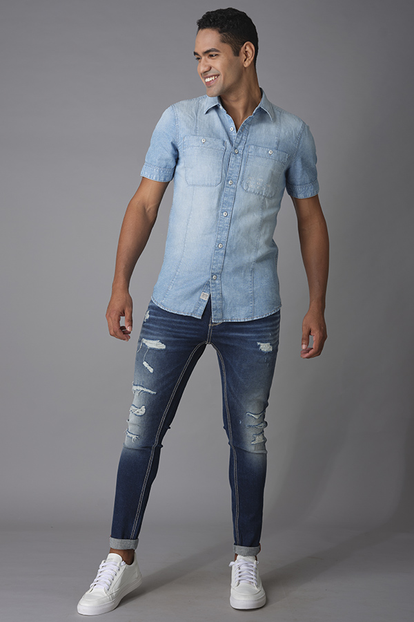 LT BLUE HALF SLEEVE DENIM SHIRT (AXEL H/SLV FIT)