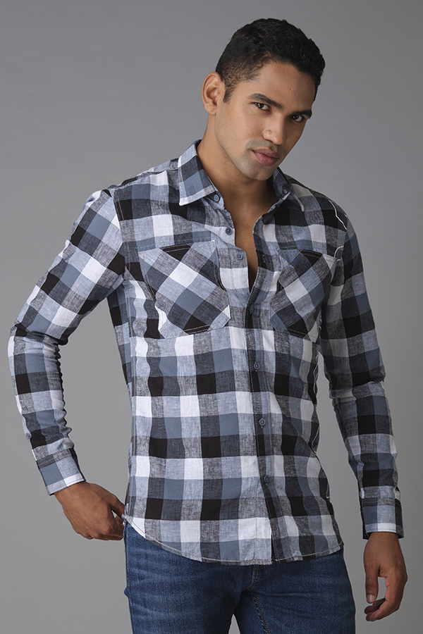 INDIGO GREY FULL SLEEVE CHECK SHIRT (AXEL F/SLV FIT)