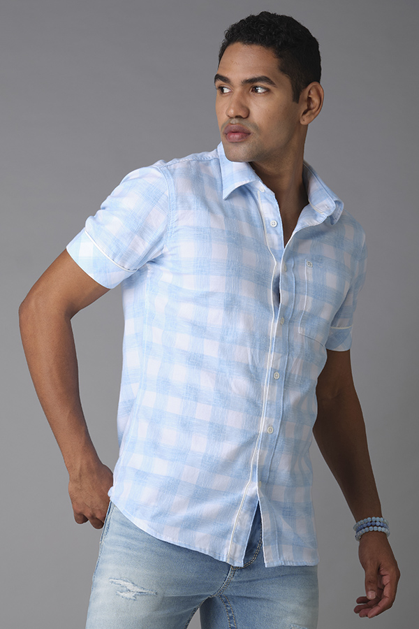 SKY BLUE HALF SLEEVE CHECK SHIRT (AXEL H/SLV FIT)