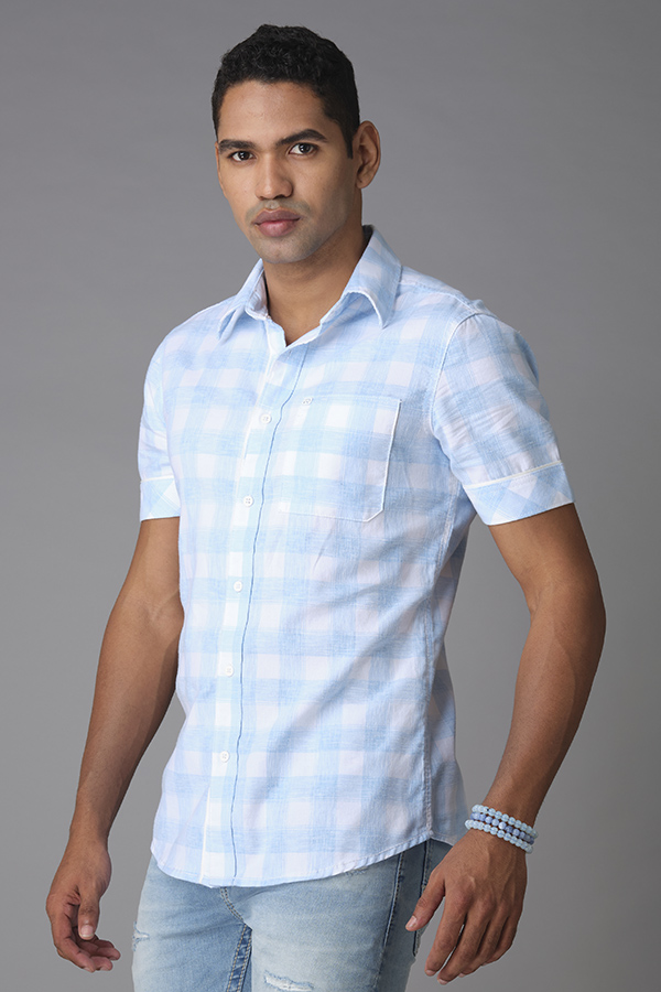 SKY BLUE HALF SLEEVE CHECK SHIRT (AXEL H/SLV FIT)