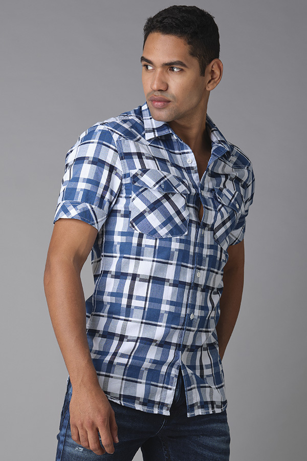 INDIGO BLUE HALF SLEEVE CHECK SHIRT (AXEL H/SLV FIT)