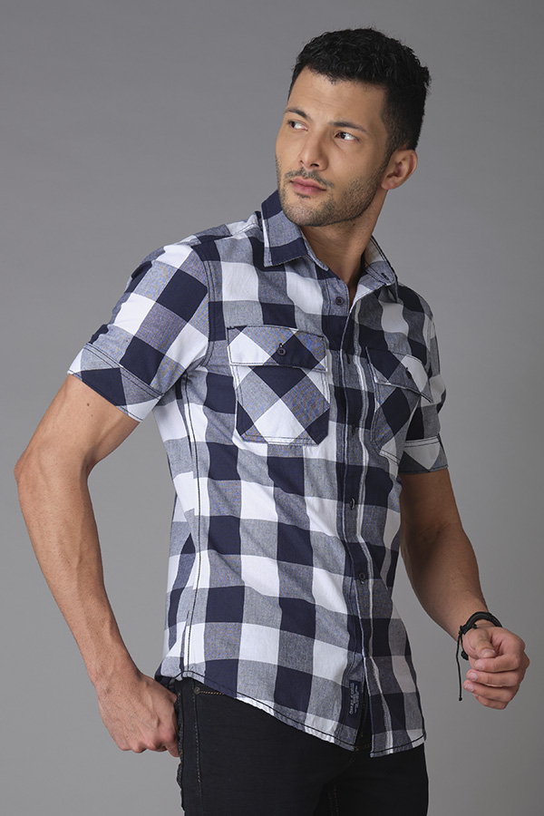 NAVY WHITE HALF SLEEVE CHECK SHIRT (AXEL H/SLV FIT)