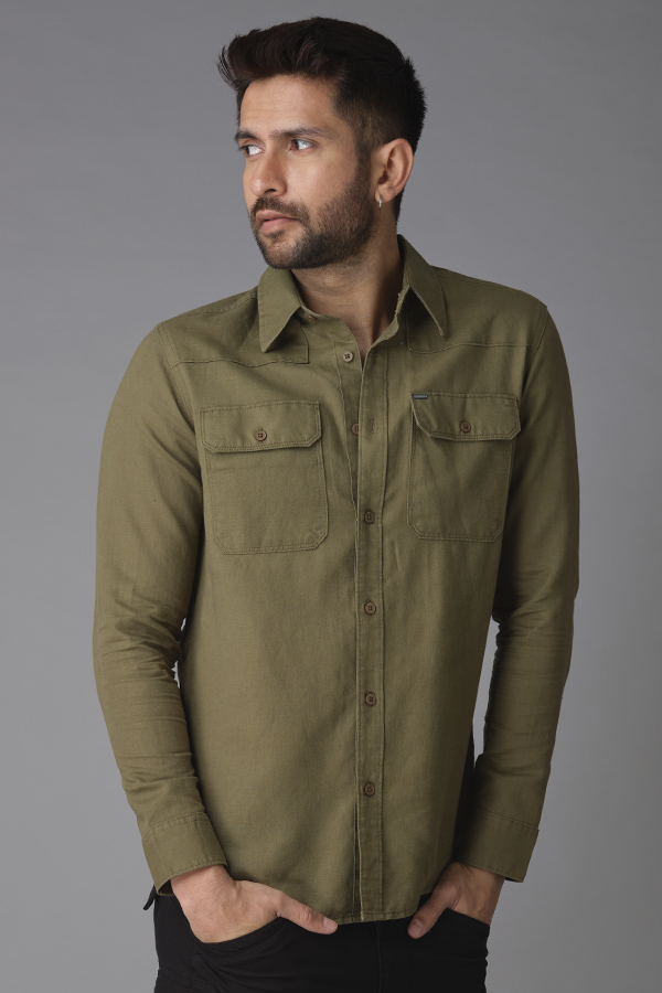 OLIVE FULL SLEEVE LINEN SHIRT (ZACK F/SLV FIT)