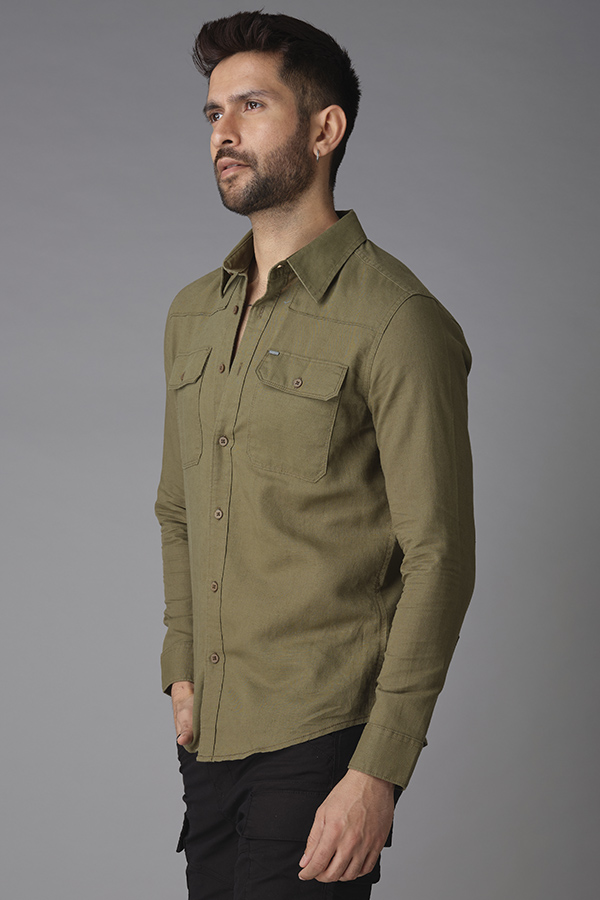 OLIVE FULL SLEEVE LINEN SHIRT (ZACK F/SLV FIT)