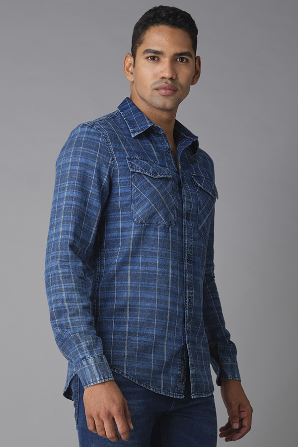 INDIGO BLUE FULL SLEEVE CHECK SHIRT (STALONE F/SLV FIT)