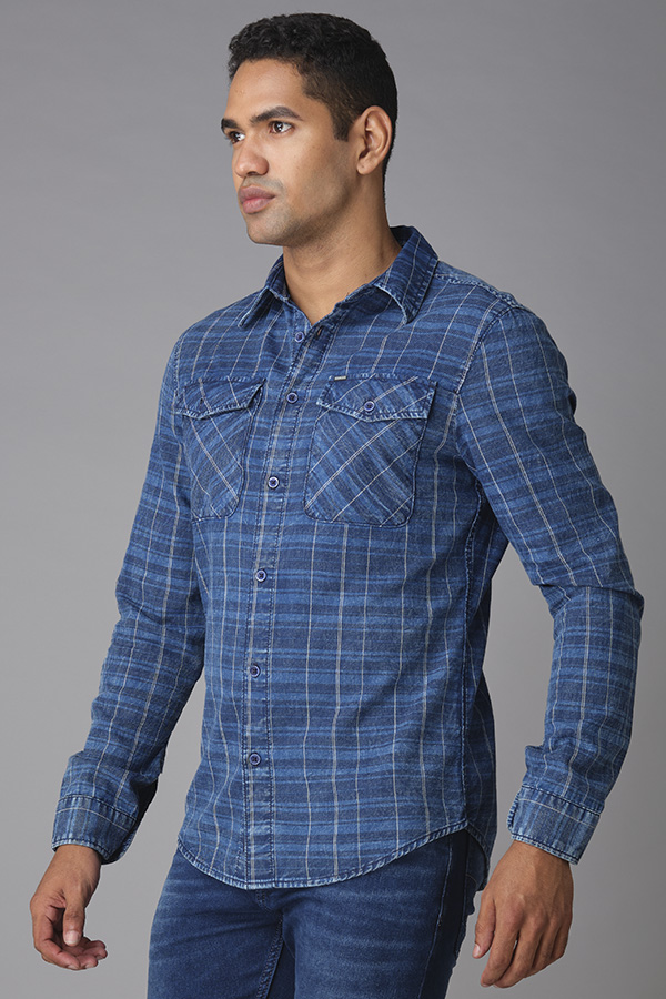 INDIGO BLUE FULL SLEEVE CHECK SHIRT (STALONE F/SLV FIT)