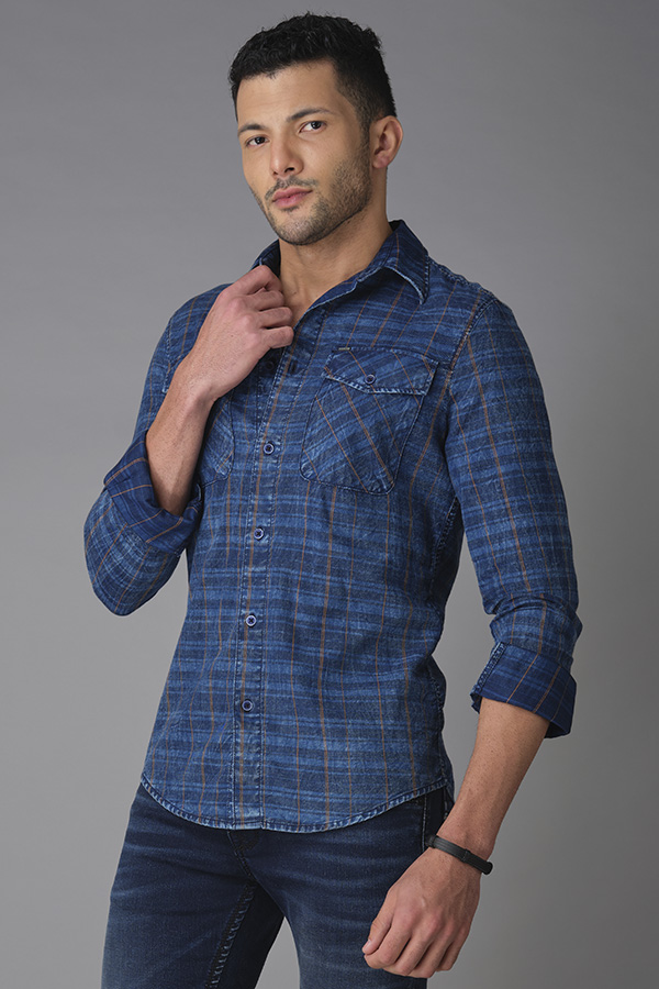 INDIGO BLUE FULL SLEEVE CHECK SHIRT (STALONE F/SLV FIT)