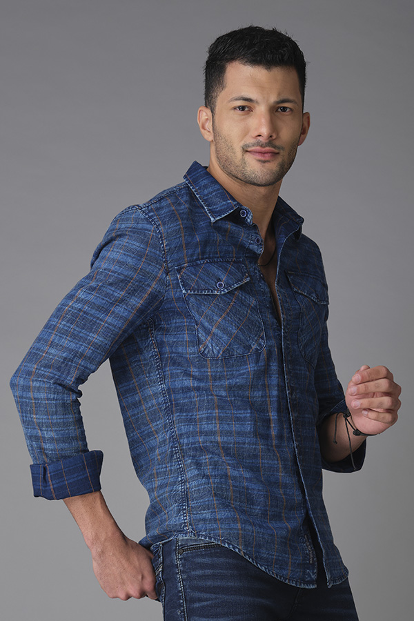 INDIGO BLUE FULL SLEEVE CHECK SHIRT (STALONE F/SLV FIT)