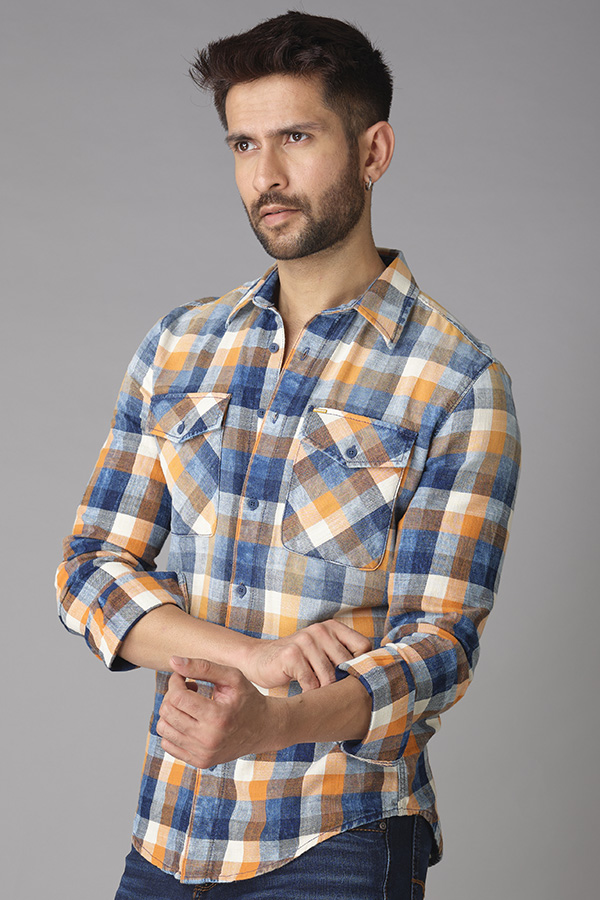 INDIGO ORANGE FULL SLEEVE CHECK SHIRT (STALONE F/SLV FIT)