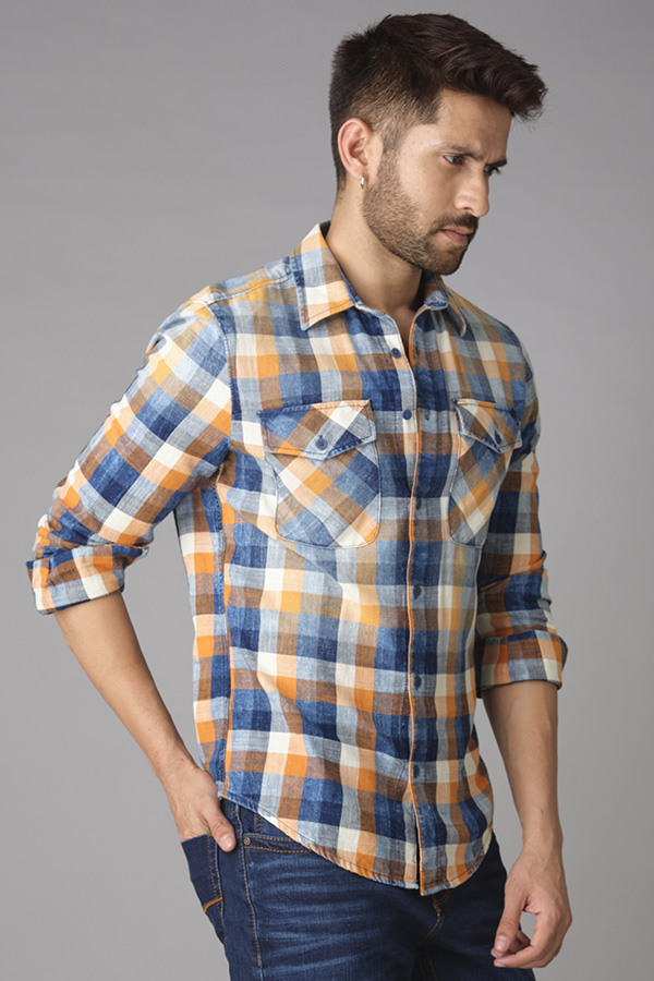 INDIGO ORANGE FULL SLEEVE CHECK SHIRT (STALONE F/SLV FIT)