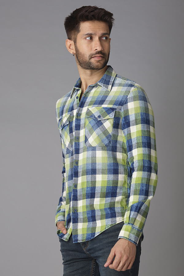 INDIGO GREEN FULL SLEEVE CHECK SHIRT (STALONE F/SLV FIT)