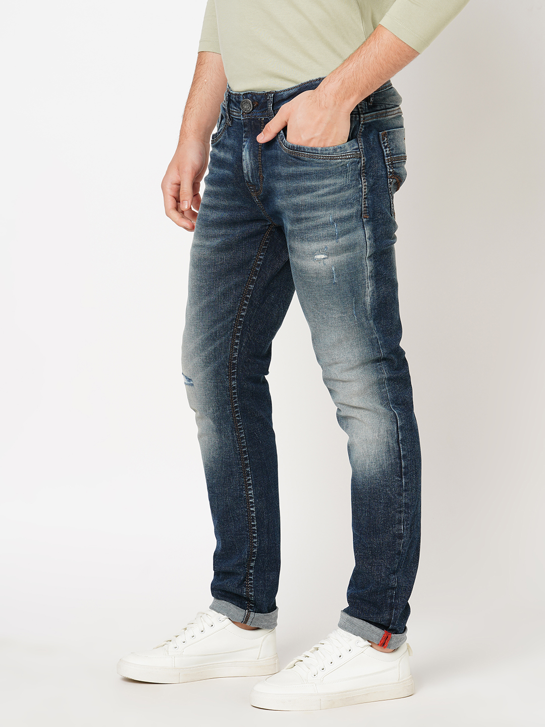 MED BLUE 5 POCKET MID-RISE NARROW TAPERED FIT JEANS (BILLY FIT)