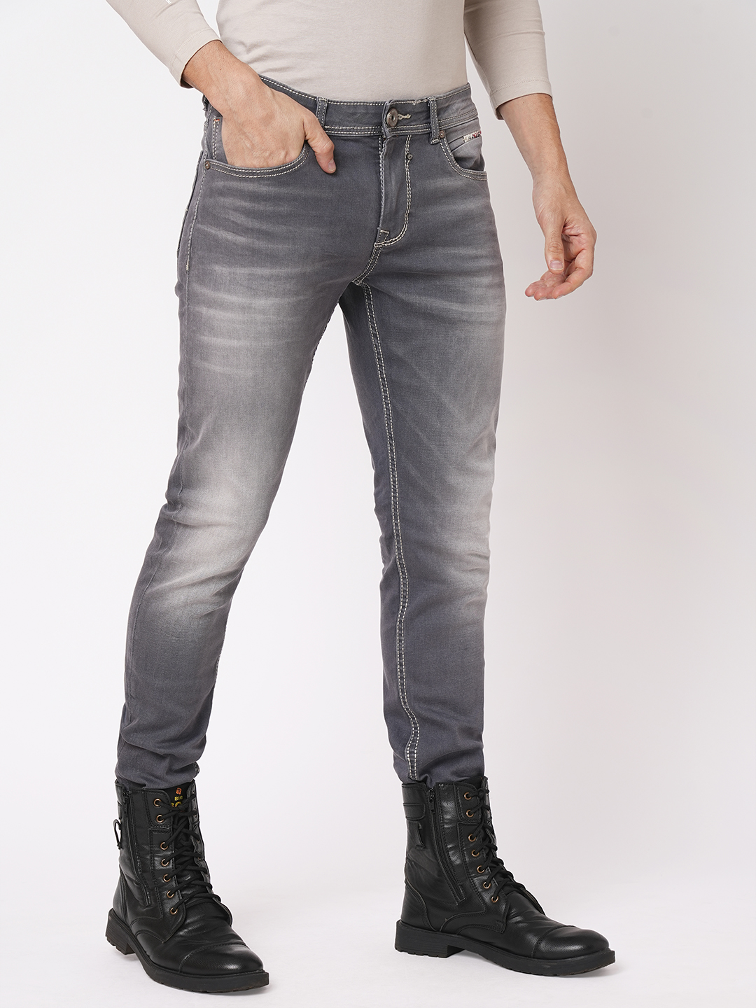 GREY 5 POCKET MID-RISE NARROW TAPERED FIT JEANS (BILLY FIT)