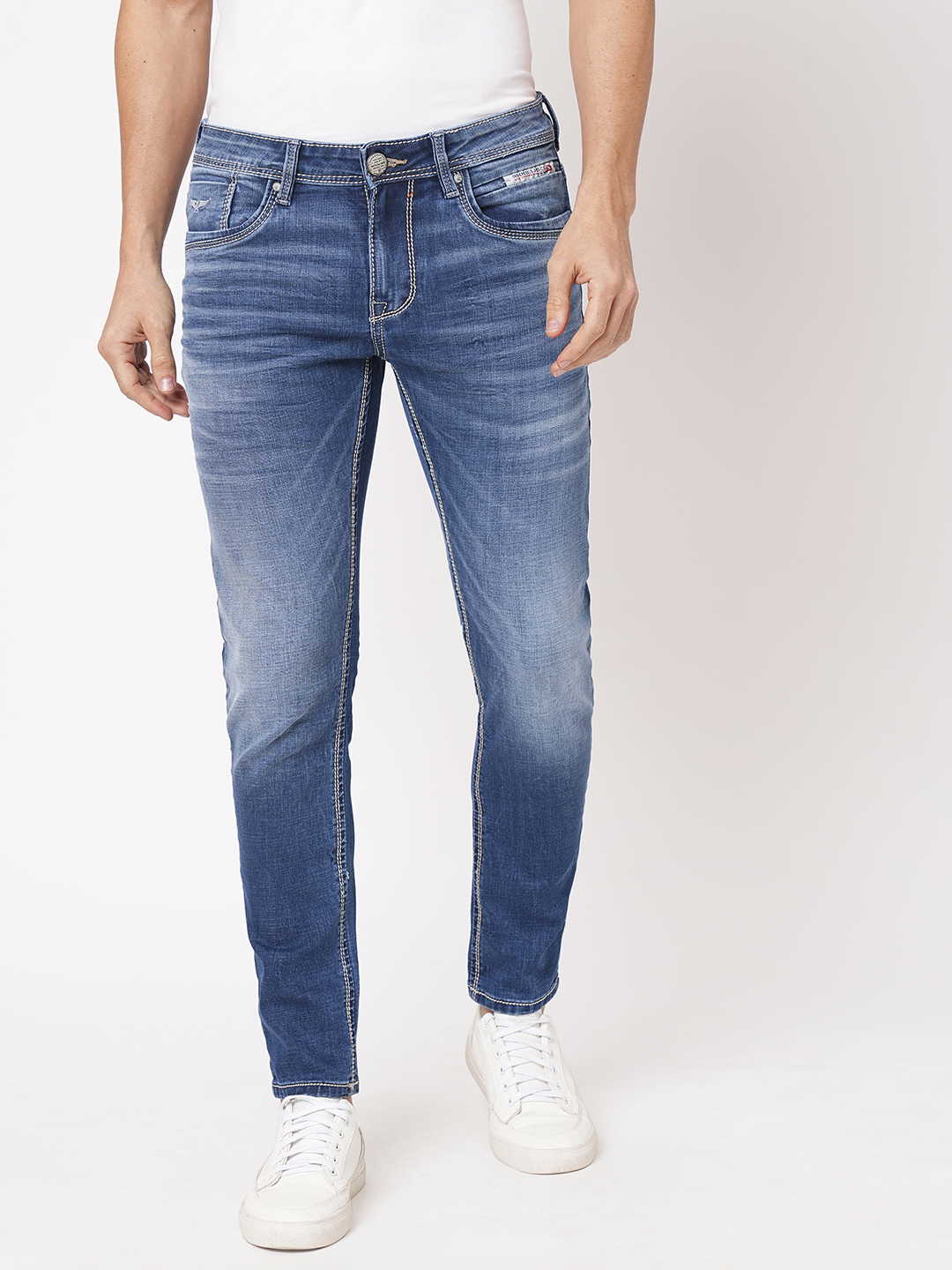 MED BLUE 5 POCKET MID-RISE NARROW TAPERED FIT JEANS (BILLY FIT)