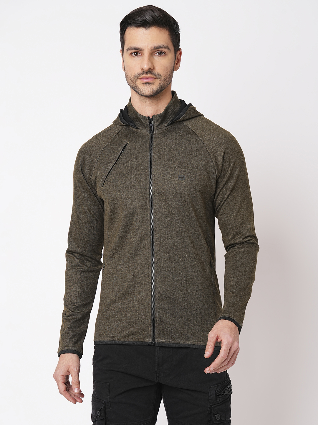 CHARCOAL OLIVE FULL SLEEVE ATHLEISURE HOODIE ZIPPER JACKET (ATH LEISURE REGULAR)