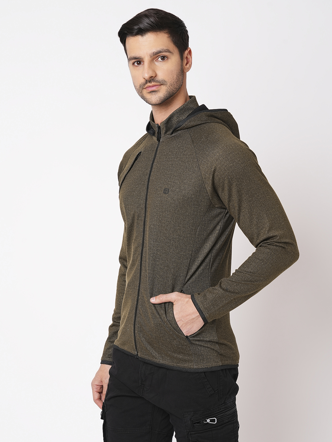 CHARCOAL OLIVE FULL SLEEVE ATHLEISURE HOODIE ZIPPER JACKET (ATH LEISURE REGULAR)