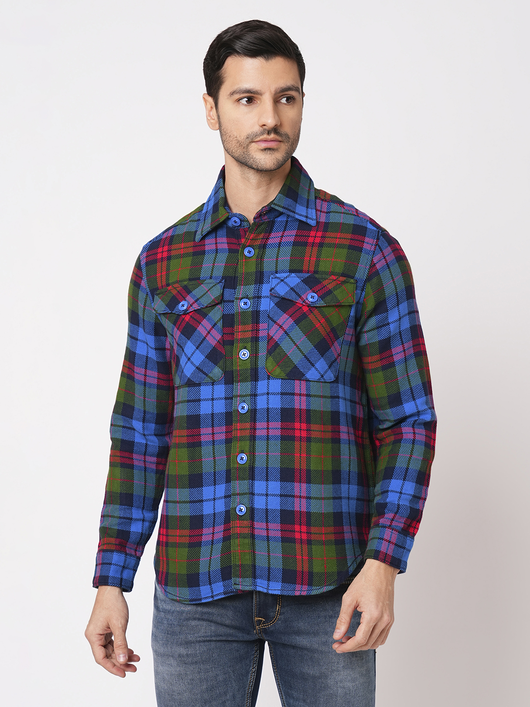 BLUE GREEN FULL SLEEVE OVERSIZED CHECK SHIRT (COMFORT F/SLV FIT)