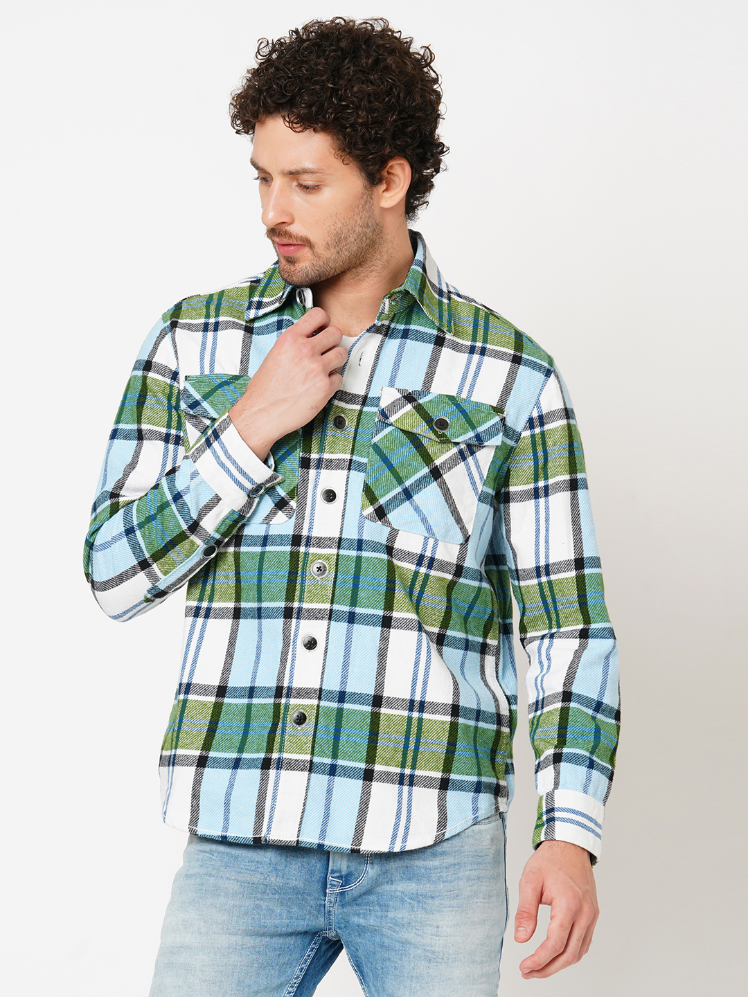 WHITE GREEN FULL SLEEVE OVERSIZED CHECK SHIRT (COMFORT F/SLV FIT)