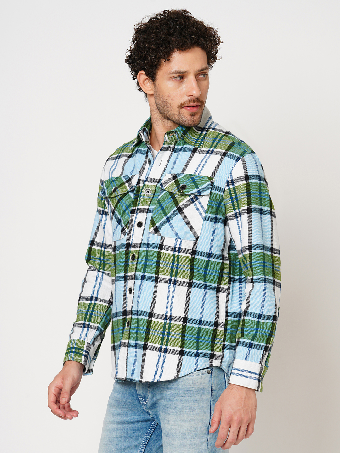 WHITE GREEN FULL SLEEVE OVERSIZED CHECK SHIRT (COMFORT F/SLV FIT)