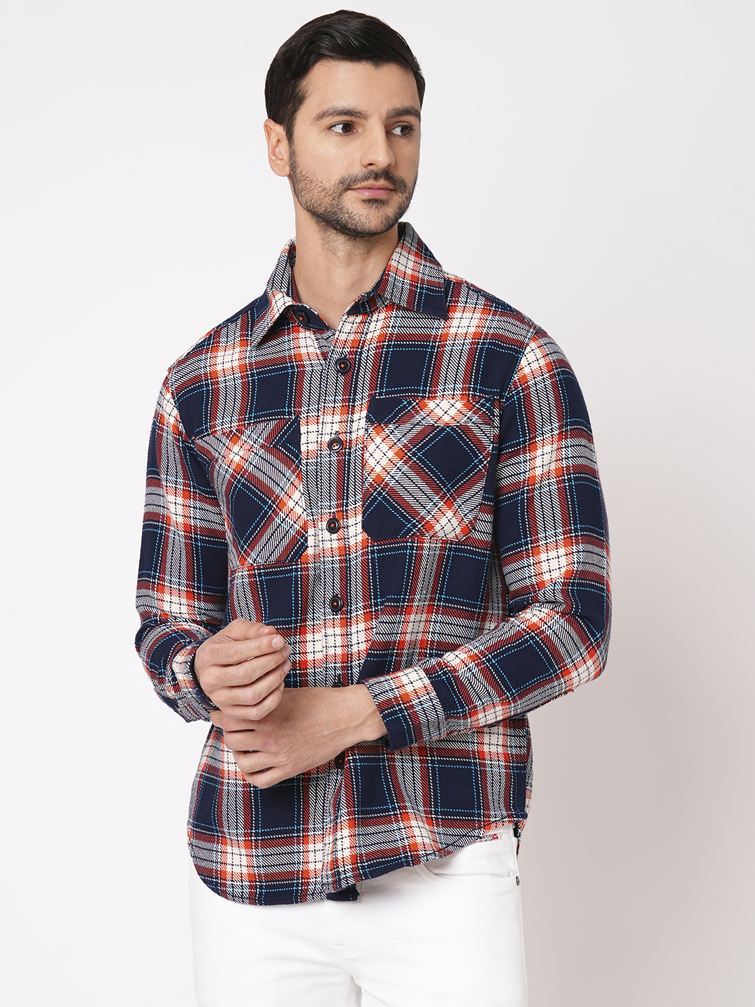 ORANGE NAVY FULL SLEEVE OVERSIZED CHECK SHIRT (COMFORT F/SLV FIT)