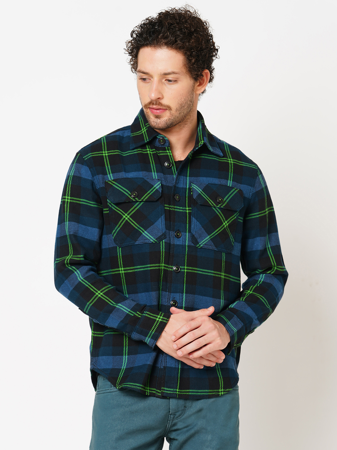 NAVY GREEN FULL SLEEVE OVERSIZED CHECK SHIRT (COMFORT F/SLV FIT)