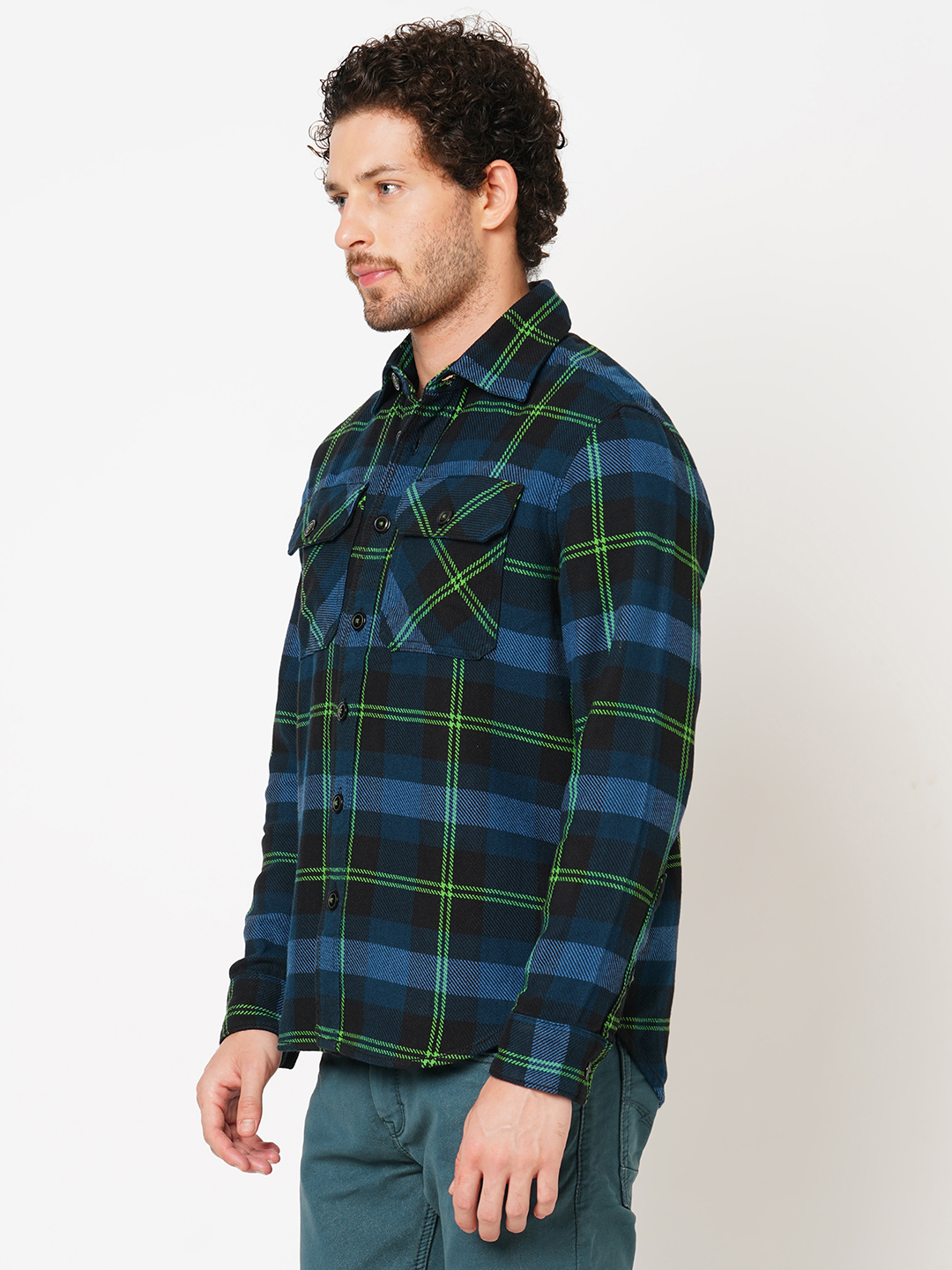 NAVY GREEN FULL SLEEVE OVERSIZED CHECK SHIRT (COMFORT F/SLV FIT)