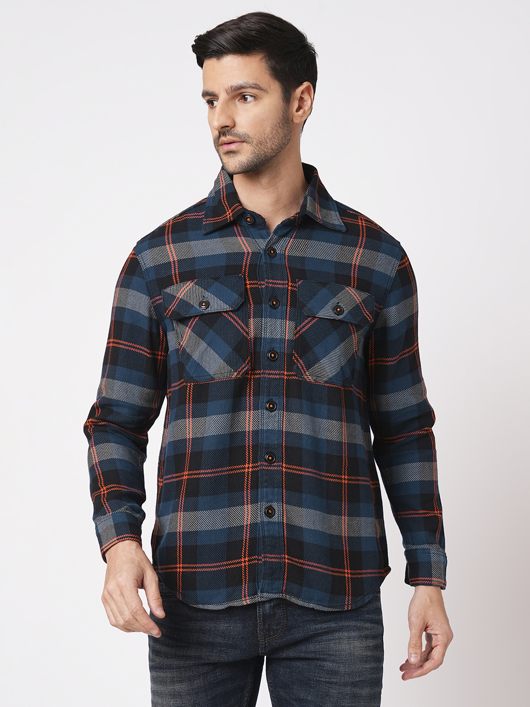 NAVY ORANGE FULL SLEEVE OVERSIZED CHECK SHIRT (COMFORT F/SLV FIT)