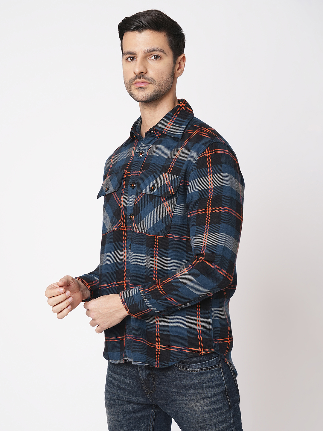 NAVY ORANGE FULL SLEEVE OVERSIZED CHECK SHIRT (COMFORT F/SLV FIT)