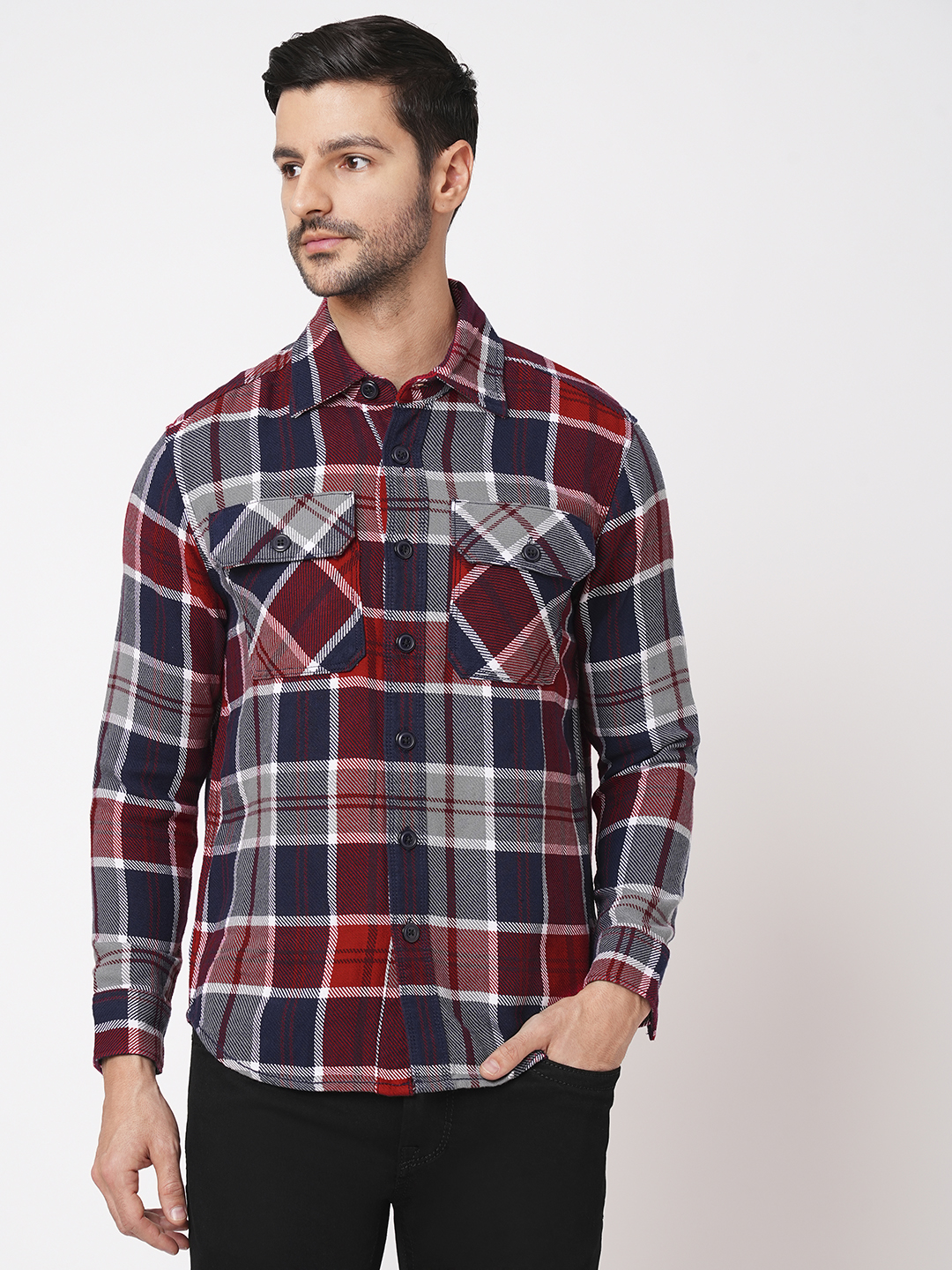 RED NAVY FULL SLEEVE OVERSIZED CHECK SHIRT (COMFORT F/SLV FIT)