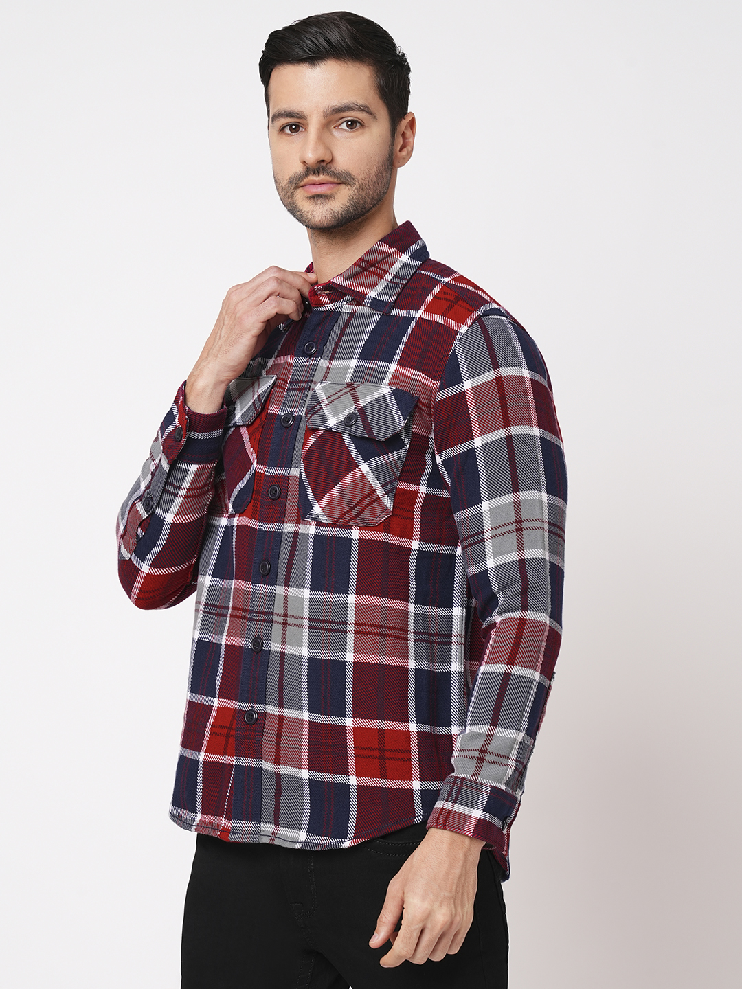 RED NAVY FULL SLEEVE OVERSIZED CHECK SHIRT (COMFORT F/SLV FIT)