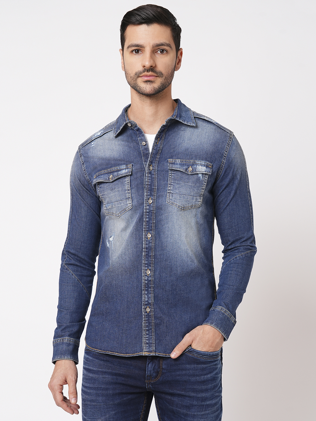 MED BLUE FULL SLEEVE DENIM SHIRT (LEO F/SLV FIT)