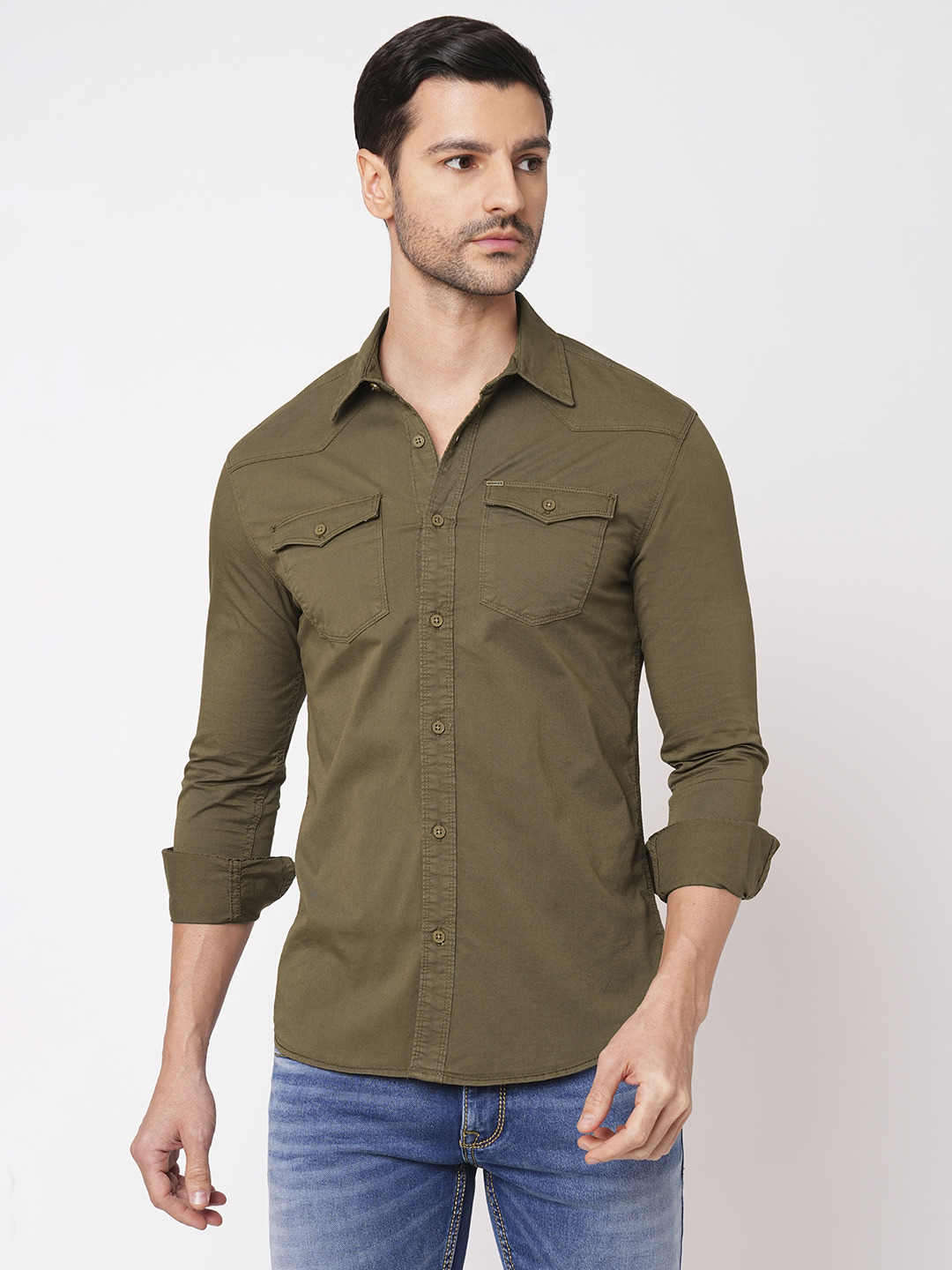 DK OLIVE FULL SLEEVE SOLID SHIRT (LEO F/SLV FIT)