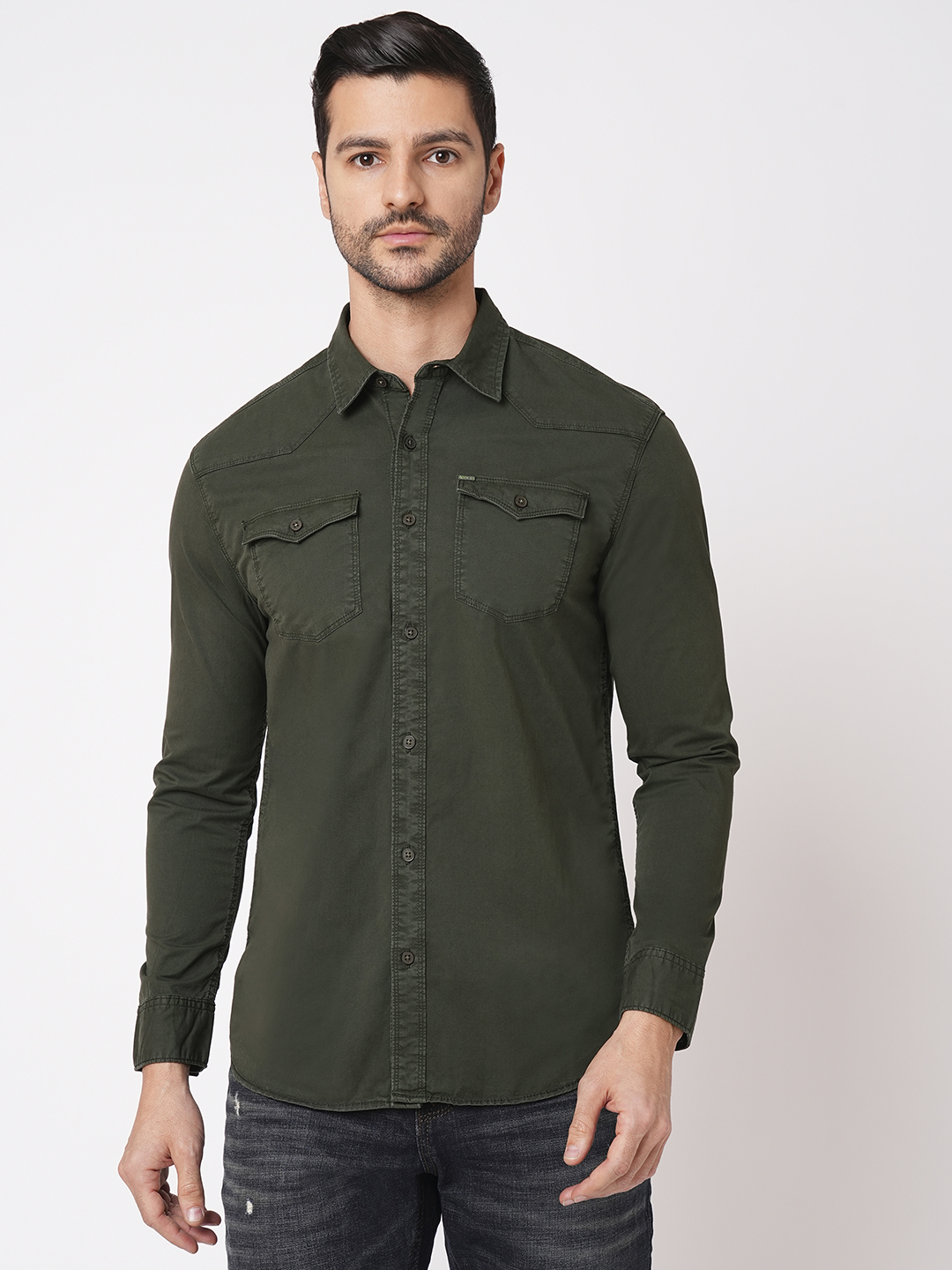 MILITARY GREEN FULL SLEEVE SOLID SHIRT (LEO F/SLV FIT)