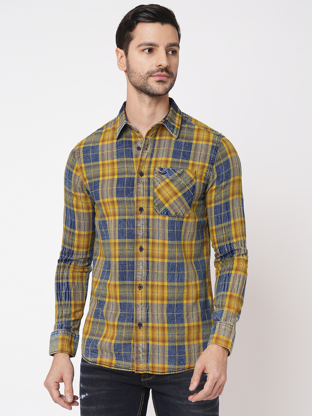 YELLOW BLUE FULL SLEEVE CHECK SHIRT (LEO F/SLV FIT)