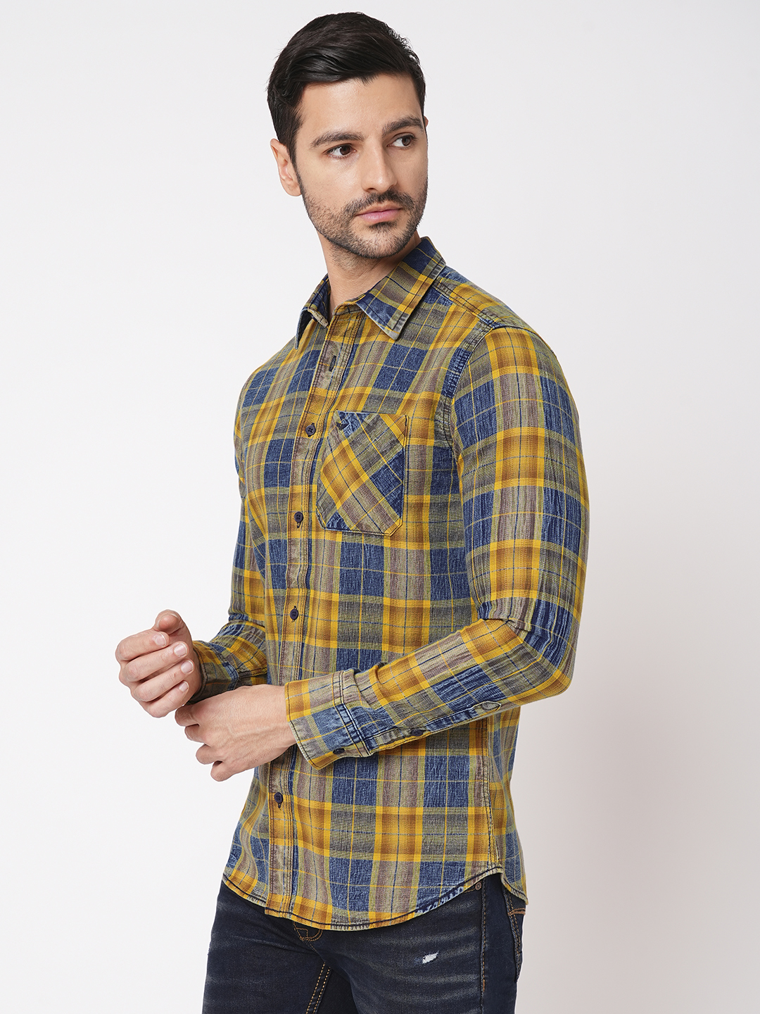 YELLOW BLUE FULL SLEEVE CHECK SHIRT (LEO F/SLV FIT)