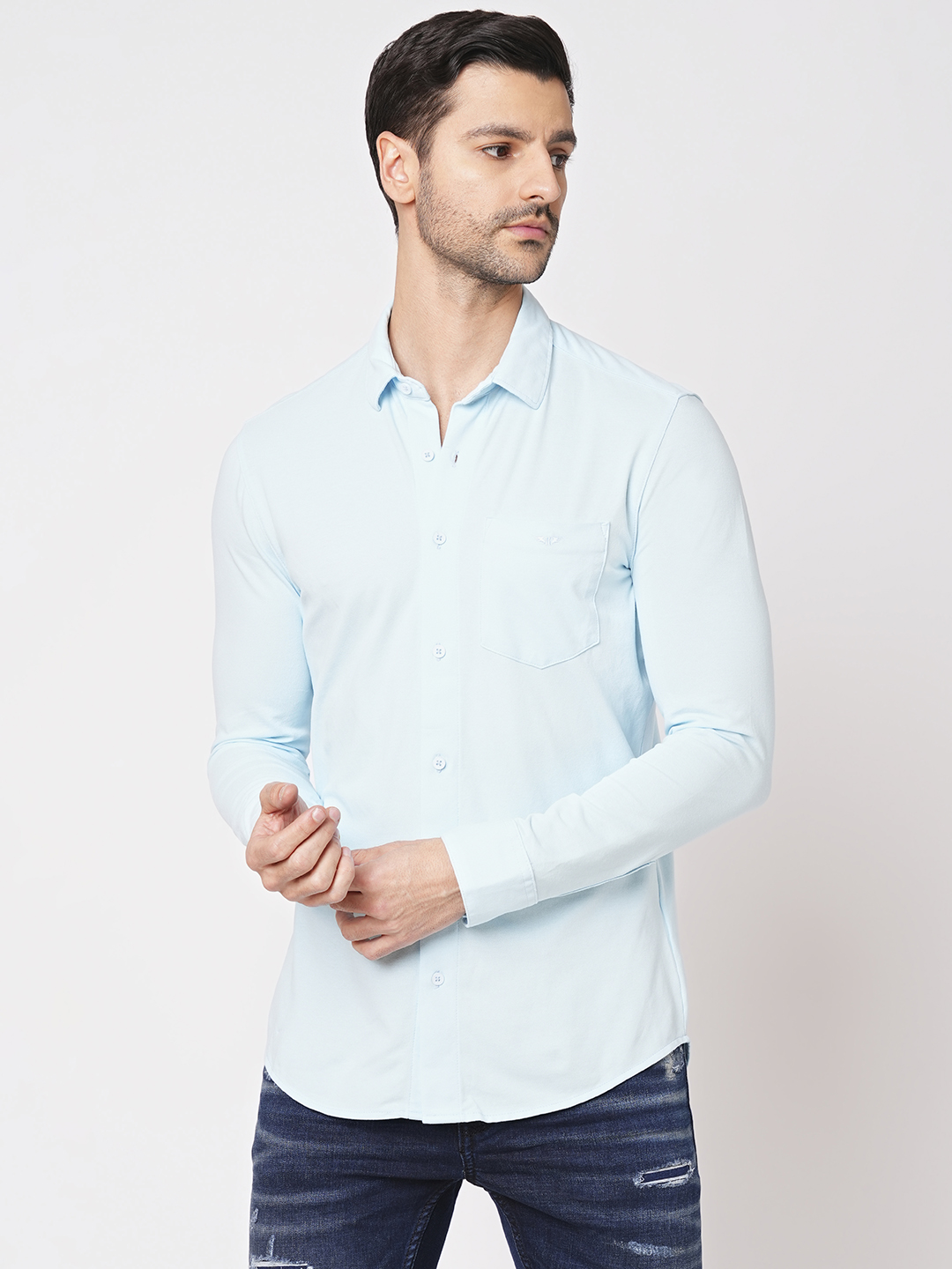 SKY BLUE FULL SLEEVE KNITTED SHIRT (STALONE F/SLV FIT)