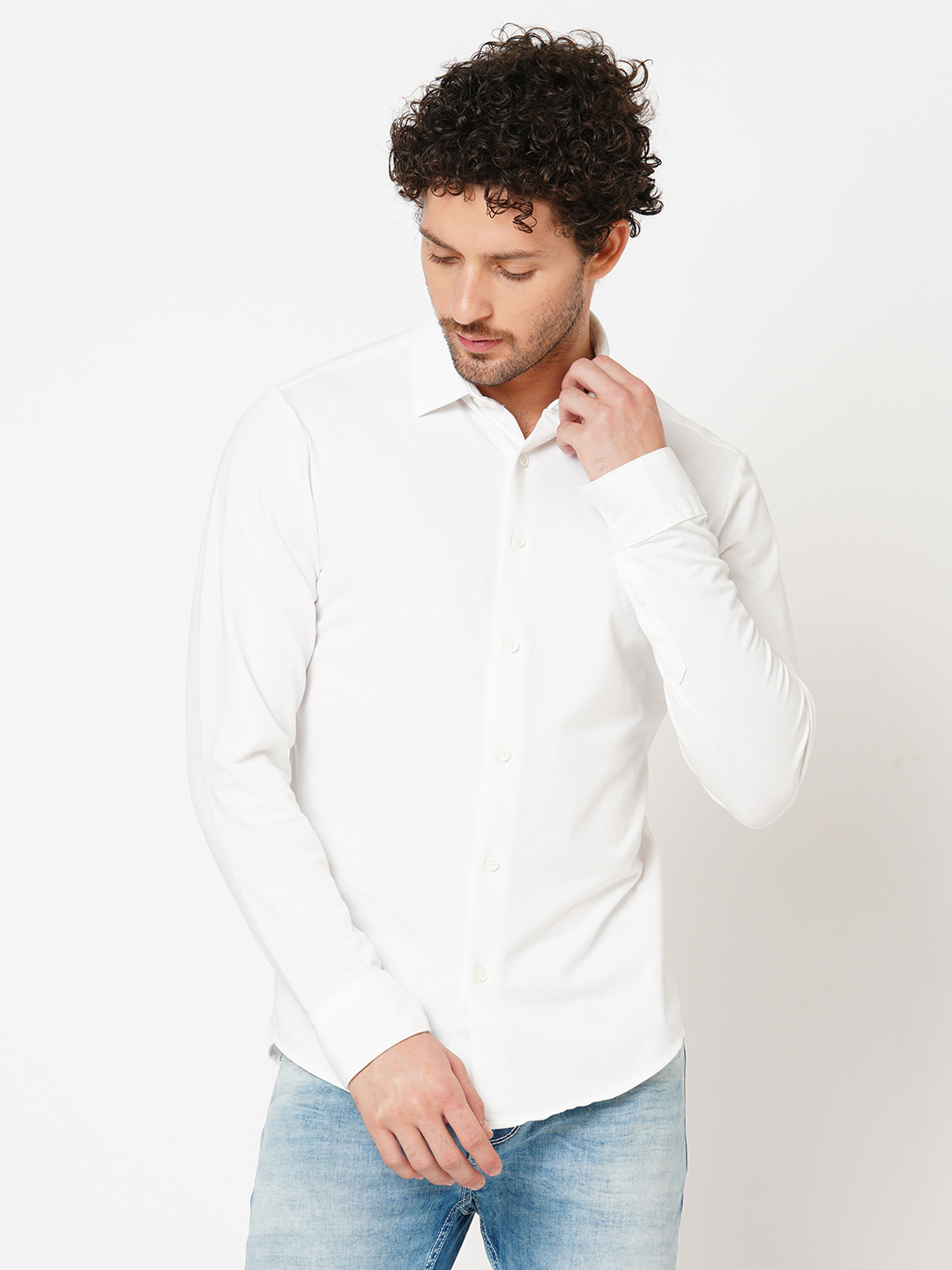 WHITE FULL SLEEVE KNITTED SHIRT (STALONE F/SLV FIT)