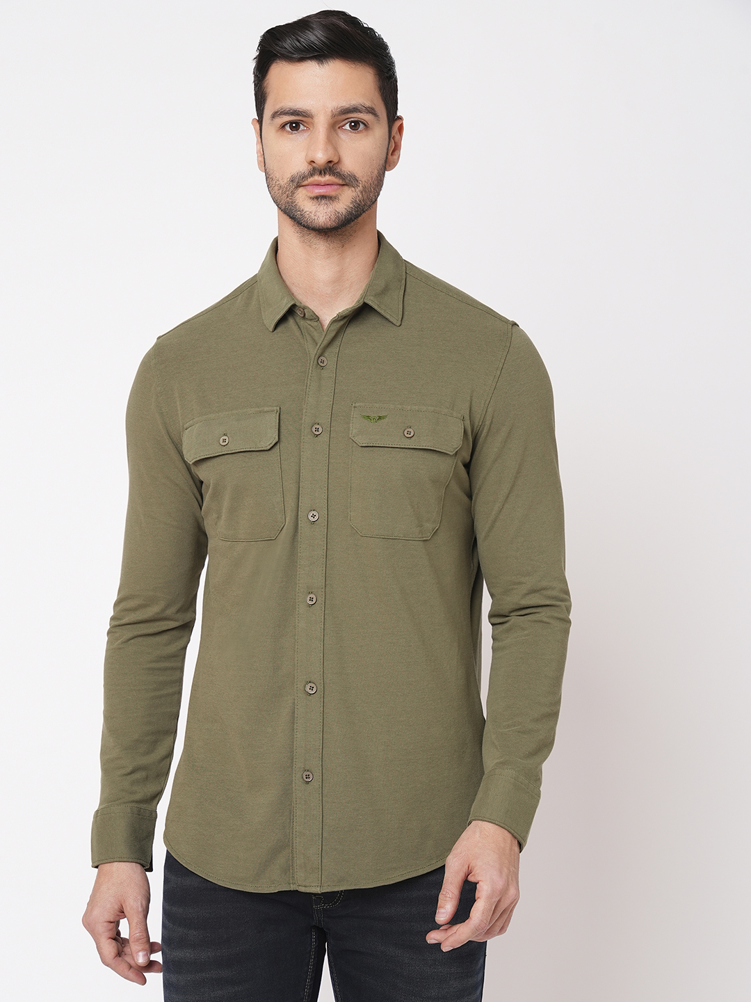 LT OLIVE FULL SLEEVE KNITTED SHIRT (STALONE F/SLV FIT)